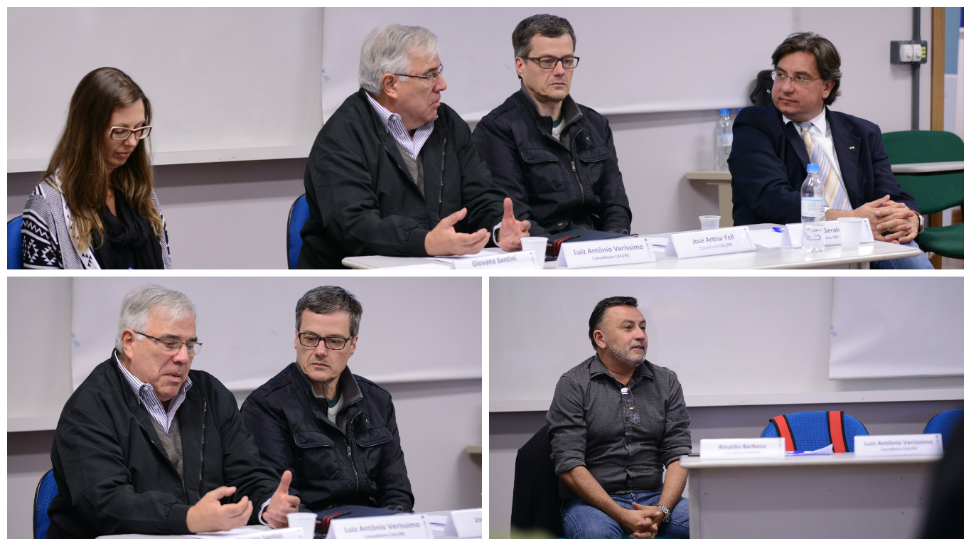 Giovana Santini (FSG), conselheiros Veríssimo e José Arthur (CAU/RS) e Geraldine (CAU/BR). Conselheiro Rinaldo embaixo, à direita.